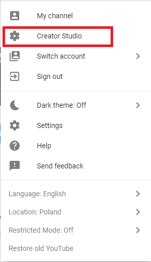 dropdown menu of YouTube