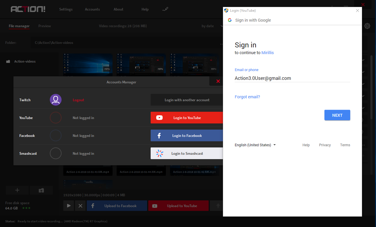 Mirillis Action! screen recorder account manager