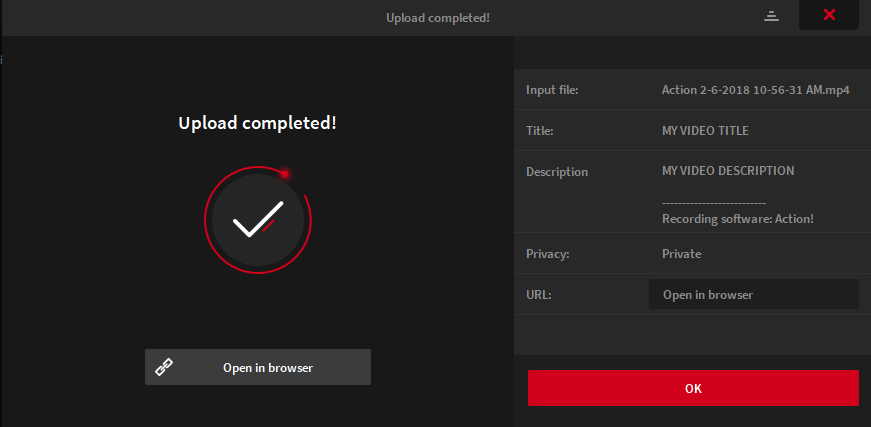 Action! screen recorder Upload completed window
