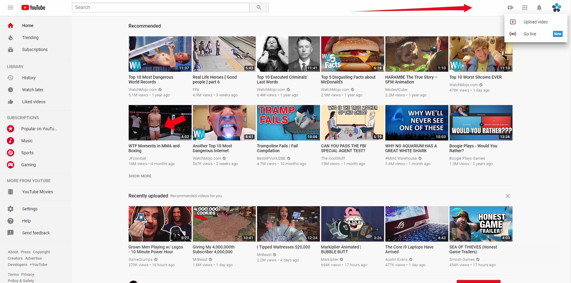 Youtube main website page