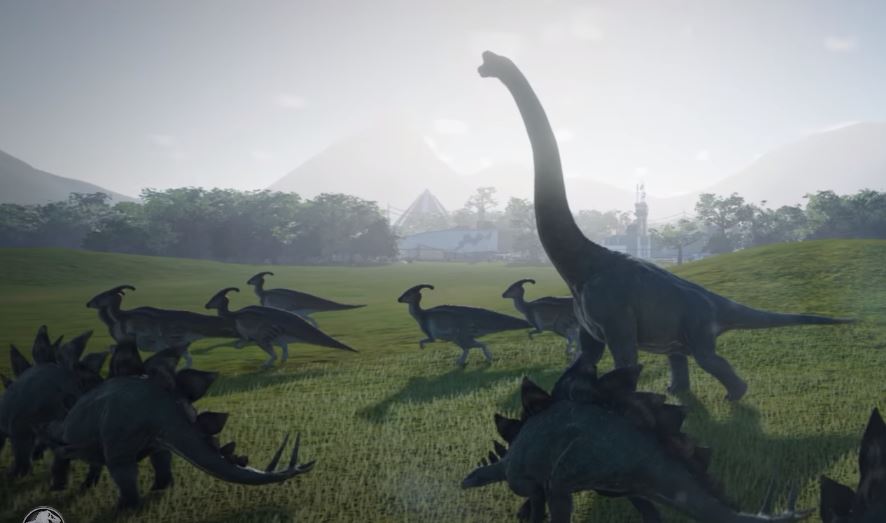 Diplodocus - Tall dinosaur on a field srrounded by small dinosaurs - Stegosaurus and Ornithopods