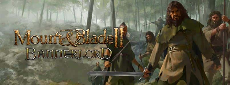 A strong man in medieval clothing holds a sword in a forest