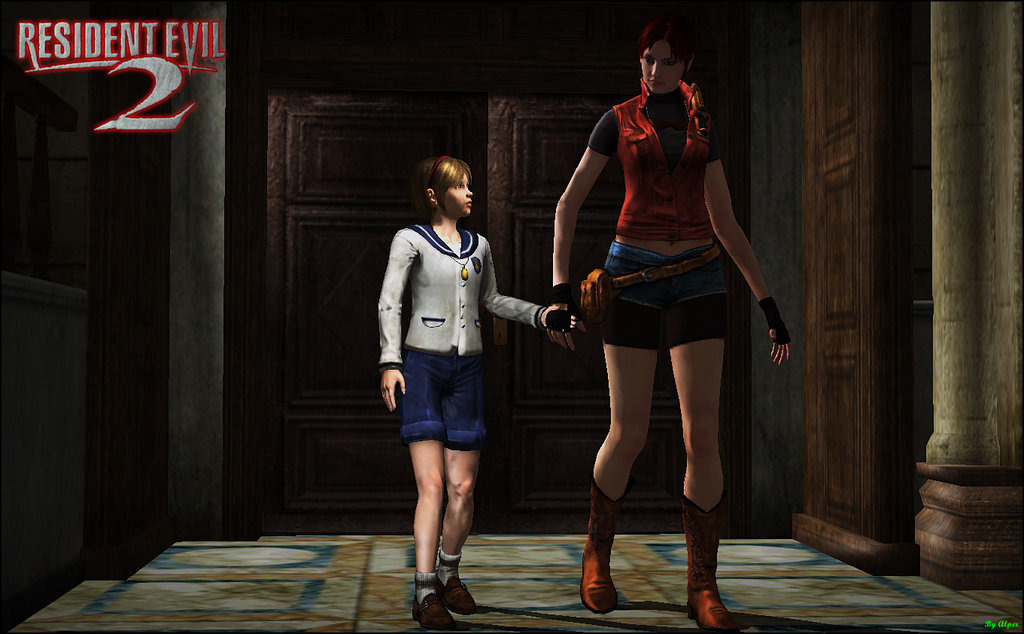 a screenshoot of a game, adult woman is walking with a young girl in a corridor