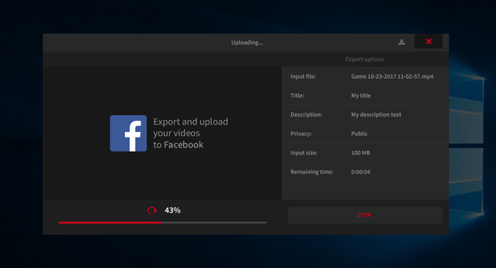 Mirillis Action! - exporting video recordings to Facebook - uploading