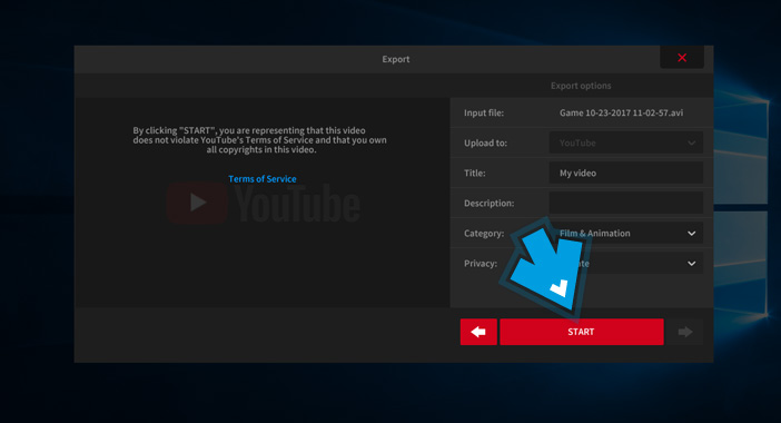 Mirillis Action! - exporting video recordings to YouTube - start export