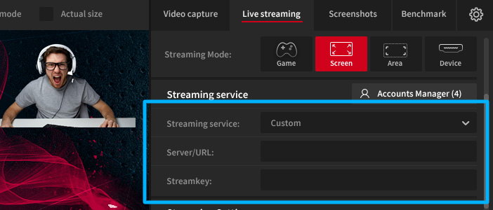 Mirillis Action! - Custom Streaming Service selected