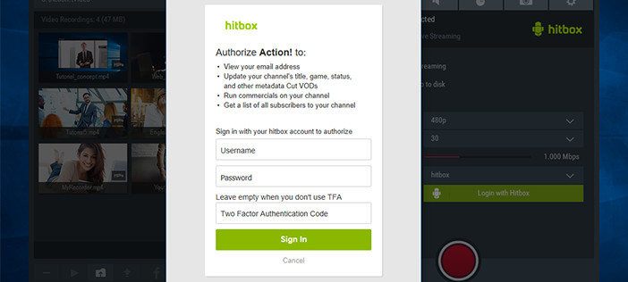 Mirillis Action! - Login with hitbox